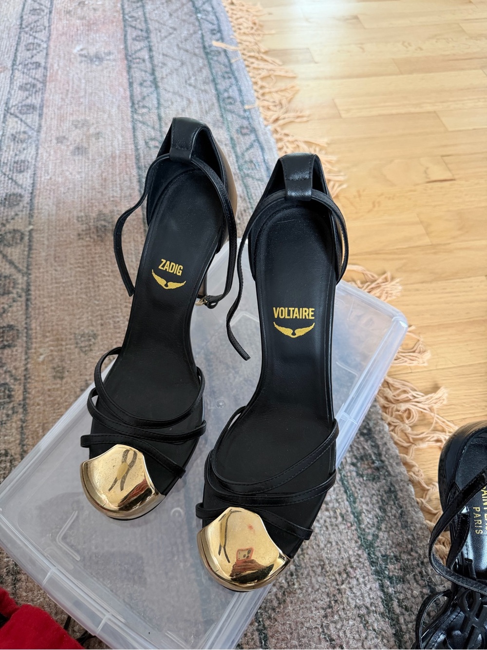 Zadig & Voltaire Black Leather Heeled Sandals with Gold Toe Caps